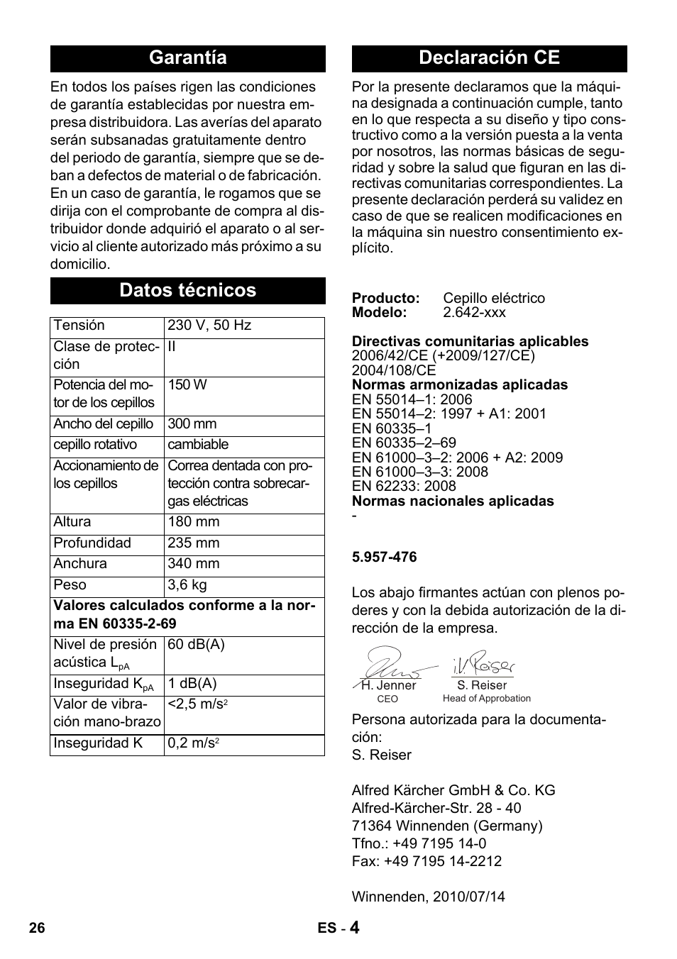 Garantía datos técnicos, Declaración ce | Karcher T 15-1 + ESB 34 User Manual | Page 26 / 116