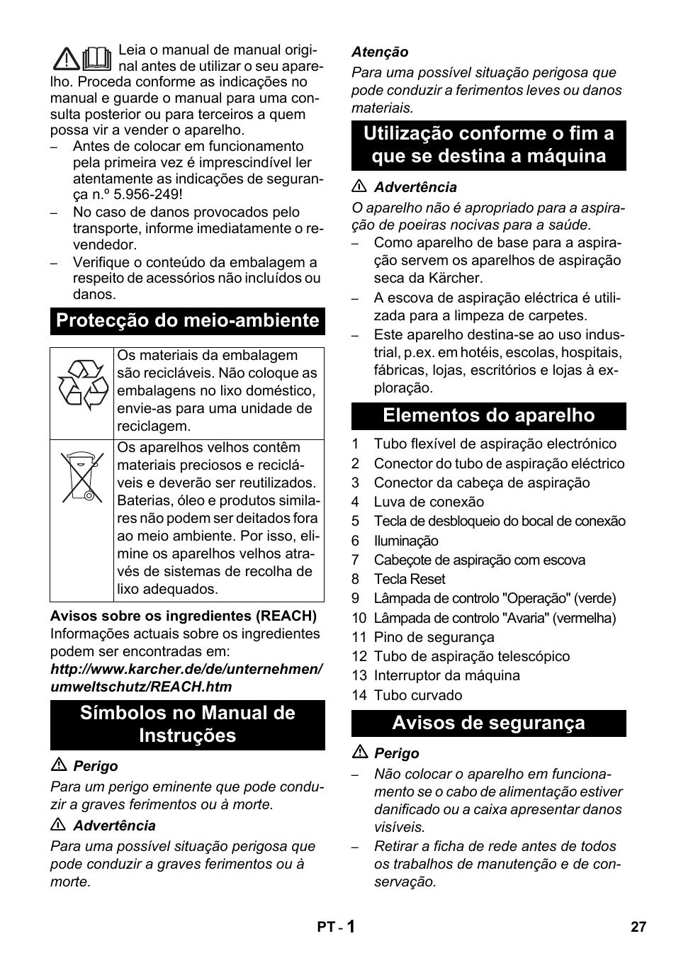 Protecção do meio-ambiente | Karcher T 15-1 + ESB 34 User Manual | Page 27 / 116