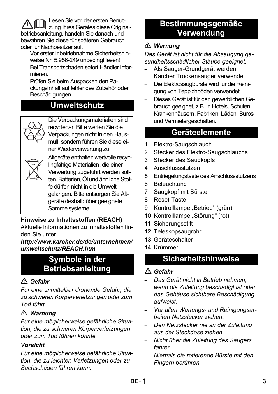 Umweltschutz | Karcher T 15-1 + ESB 34 User Manual | Page 3 / 116