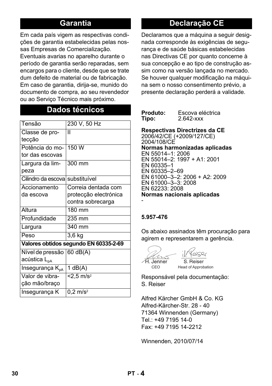 Garantia dados técnicos, Declaração ce | Karcher T 15-1 + ESB 34 User Manual | Page 30 / 116