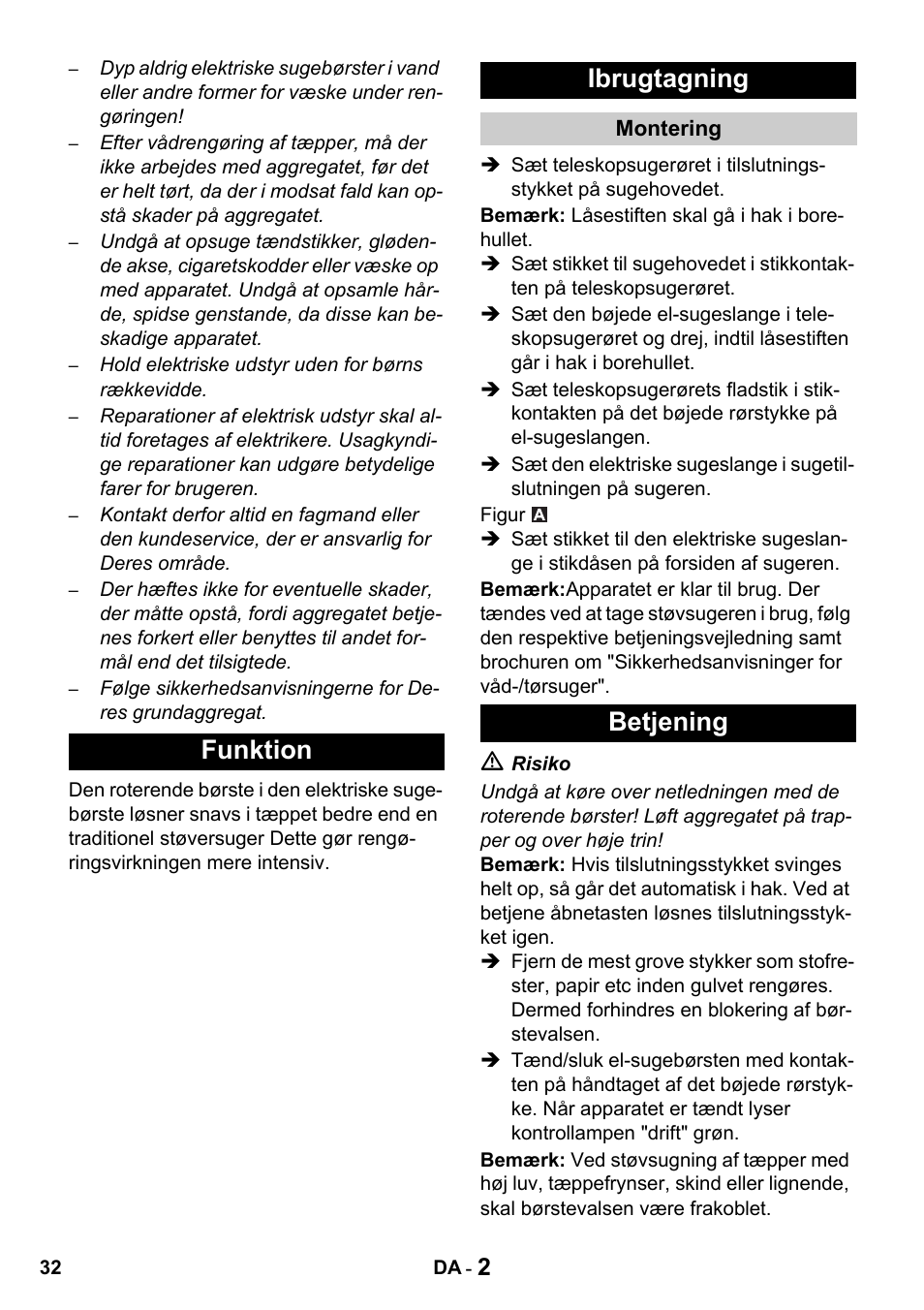 Funktion ibrugtagning, Betjening | Karcher T 15-1 + ESB 34 User Manual | Page 32 / 116