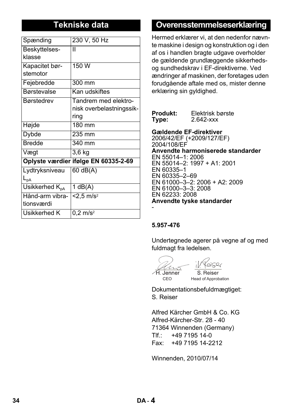 Tekniske data, Overensstemmelseserklæring | Karcher T 15-1 + ESB 34 User Manual | Page 34 / 116