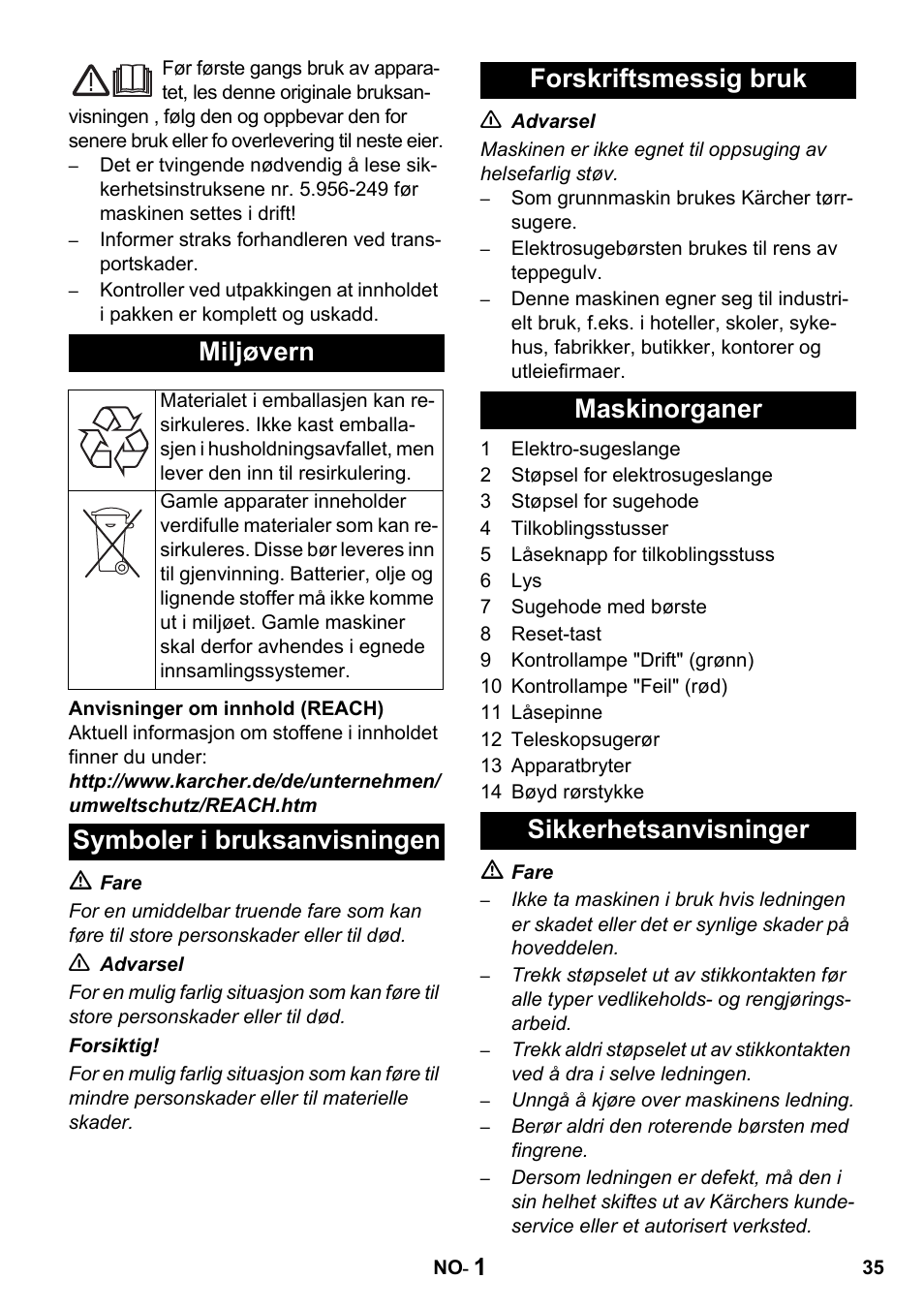 Miljøvern | Karcher T 15-1 + ESB 34 User Manual | Page 35 / 116