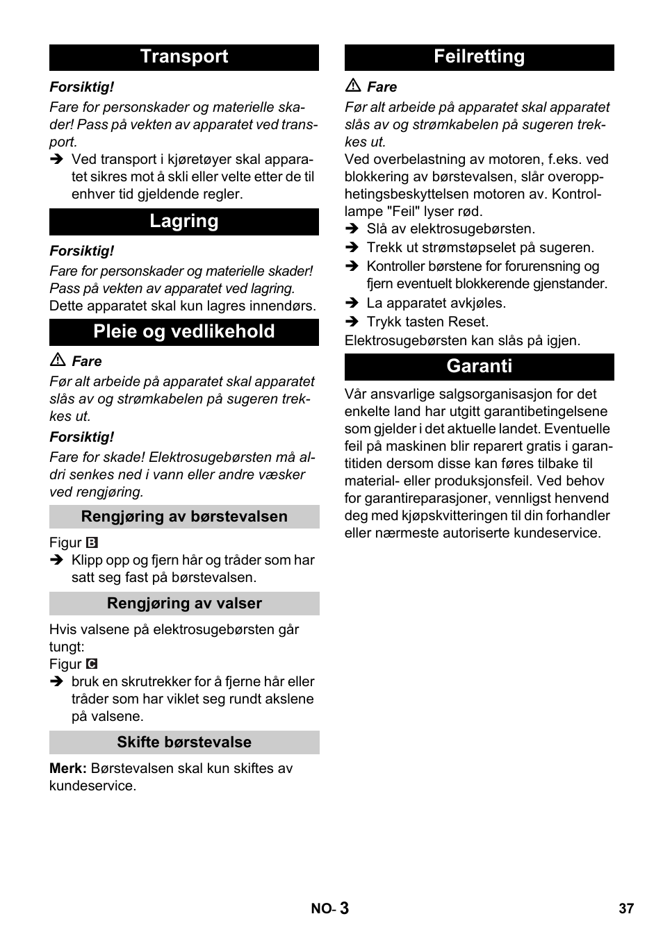 Transport lagring pleie og vedlikehold, Feilretting garanti | Karcher T 15-1 + ESB 34 User Manual | Page 37 / 116