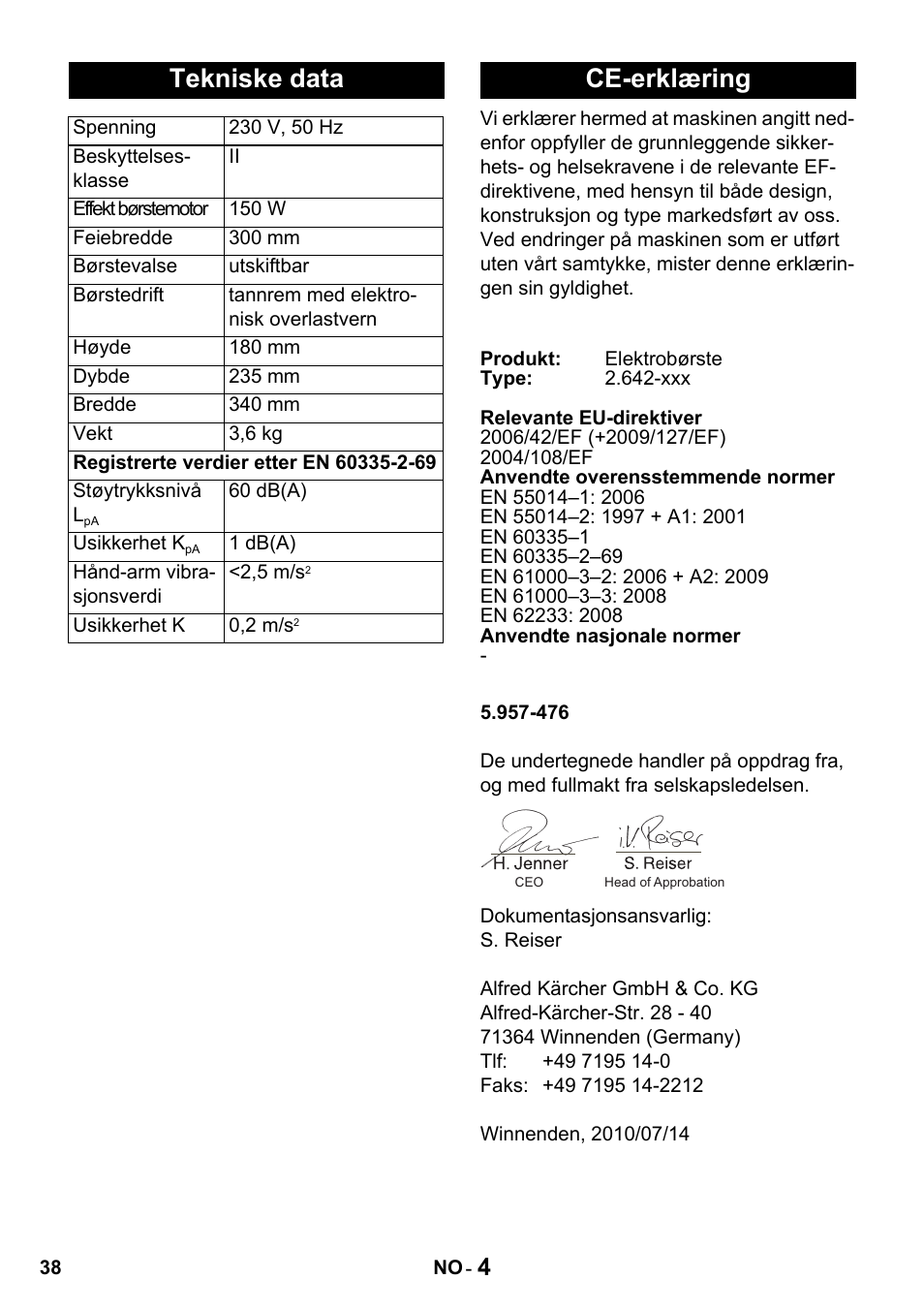 Tekniske data, Ce-erklæring | Karcher T 15-1 + ESB 34 User Manual | Page 38 / 116