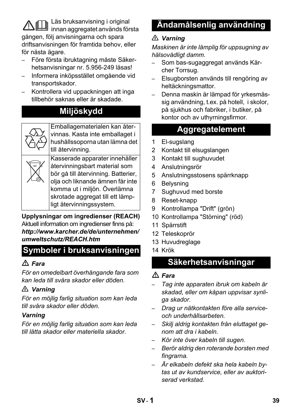 Miljöskydd | Karcher T 15-1 + ESB 34 User Manual | Page 39 / 116