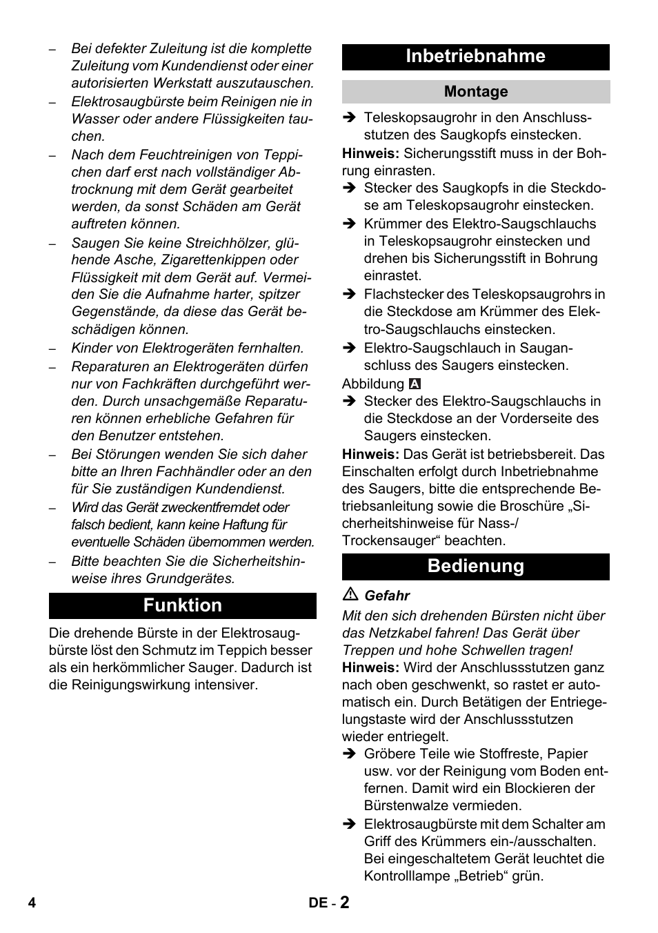 Funktion inbetriebnahme, Bedienung | Karcher T 15-1 + ESB 34 User Manual | Page 4 / 116