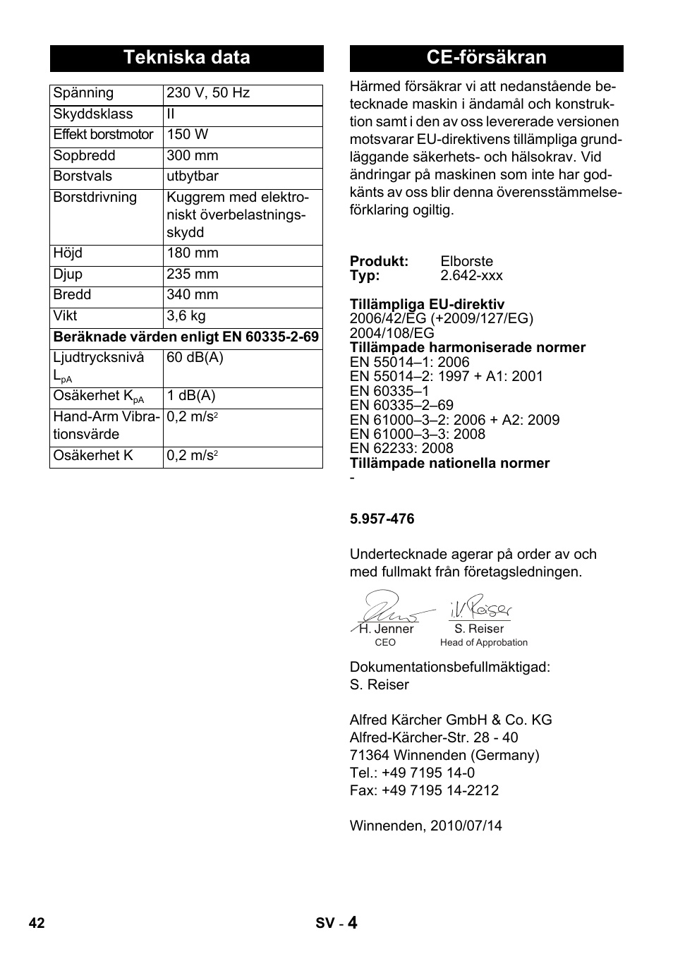 Tekniska data, Ce-försäkran | Karcher T 15-1 + ESB 34 User Manual | Page 42 / 116