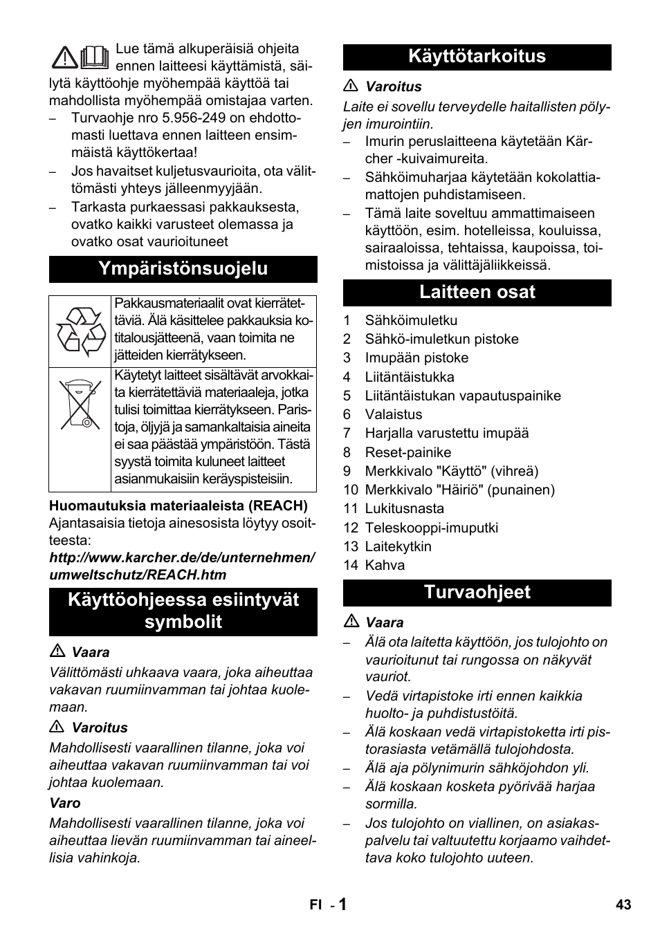 Ympäristönsuojelu | Karcher T 15-1 + ESB 34 User Manual | Page 43 / 116