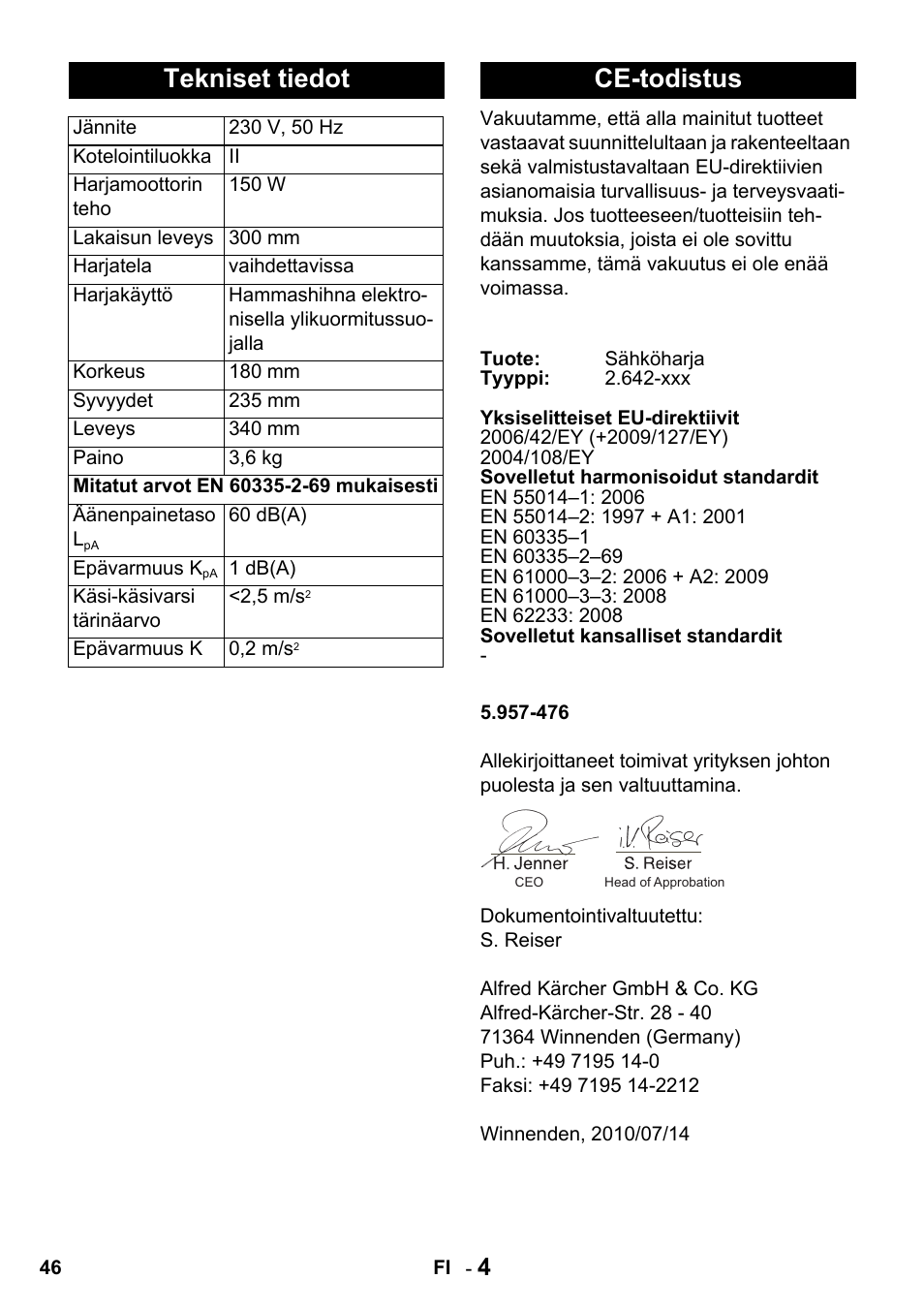 Tekniset tiedot, Ce-todistus | Karcher T 15-1 + ESB 34 User Manual | Page 46 / 116