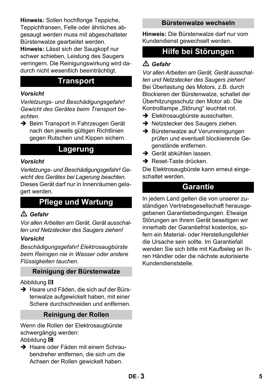 Transport lagerung pflege und wartung, Hilfe bei störungen garantie | Karcher T 15-1 + ESB 34 User Manual | Page 5 / 116