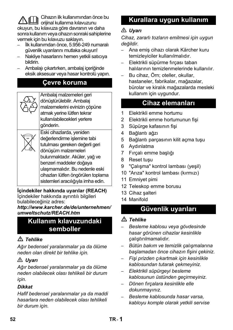 Çevre koruma | Karcher T 15-1 + ESB 34 User Manual | Page 52 / 116
