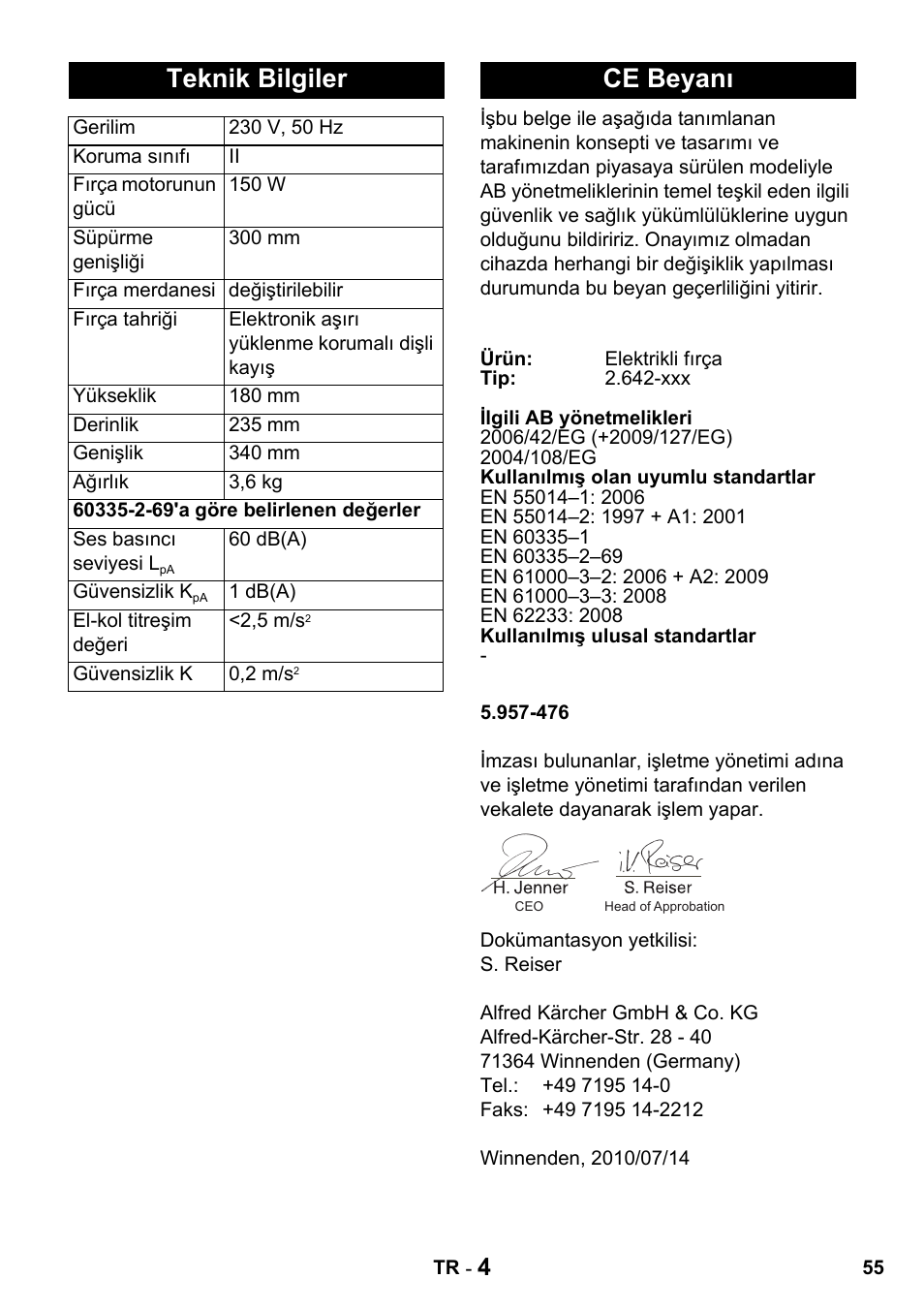 Teknik bilgiler, Ce beyanı | Karcher T 15-1 + ESB 34 User Manual | Page 55 / 116