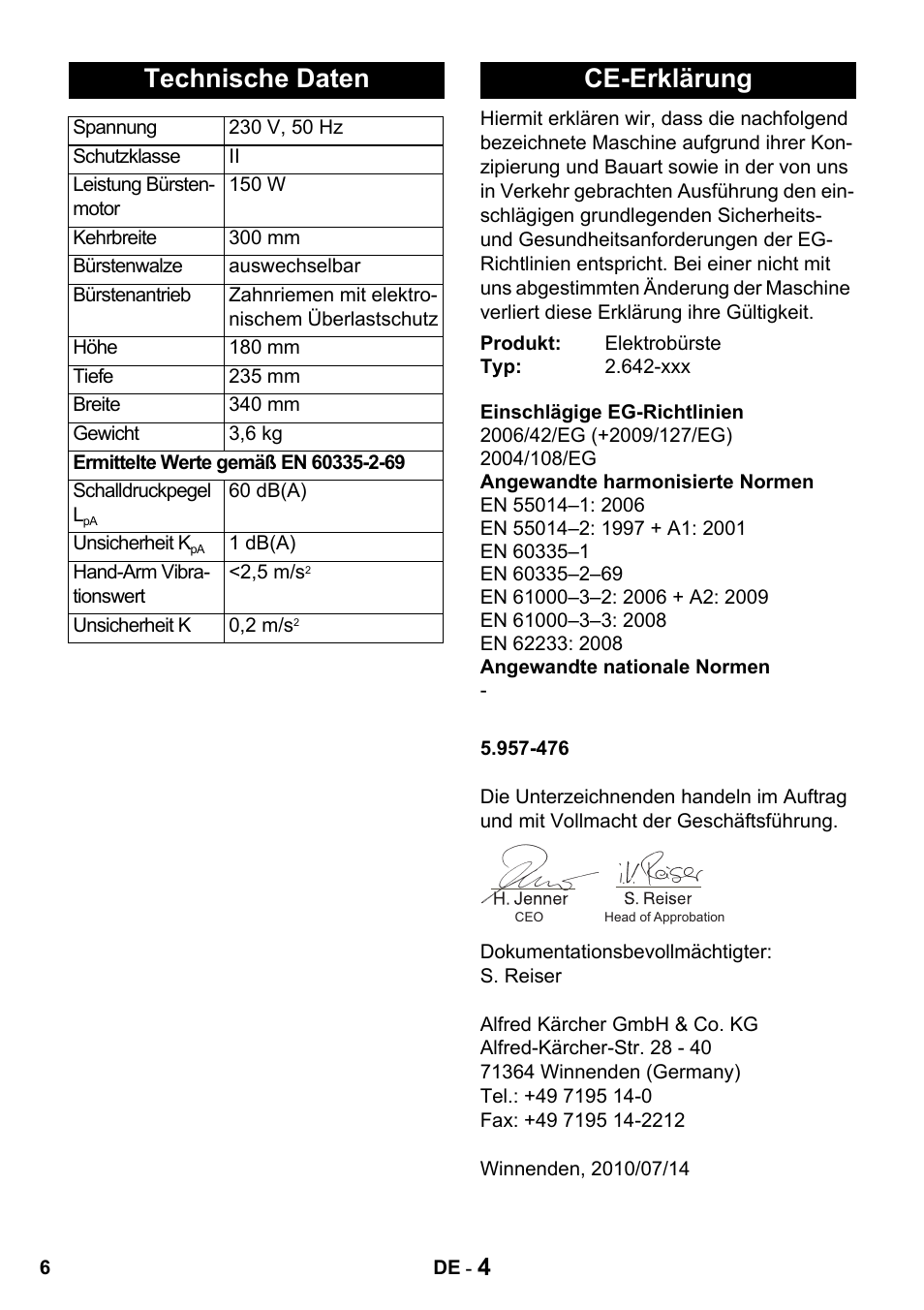 Technische daten, Ce-erklärung | Karcher T 15-1 + ESB 34 User Manual | Page 6 / 116