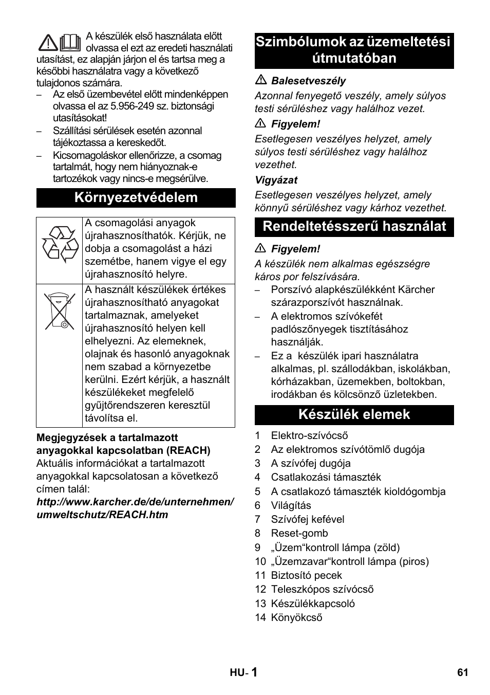 Környezetvédelem | Karcher T 15-1 + ESB 34 User Manual | Page 61 / 116