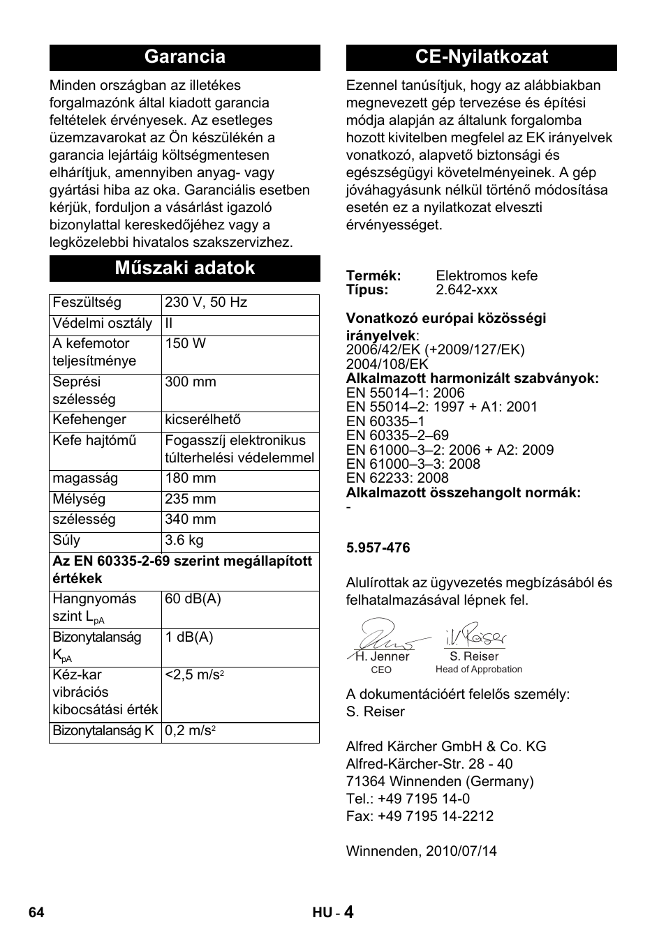 Garancia műszaki adatok, Ce-nyilatkozat | Karcher T 15-1 + ESB 34 User Manual | Page 64 / 116