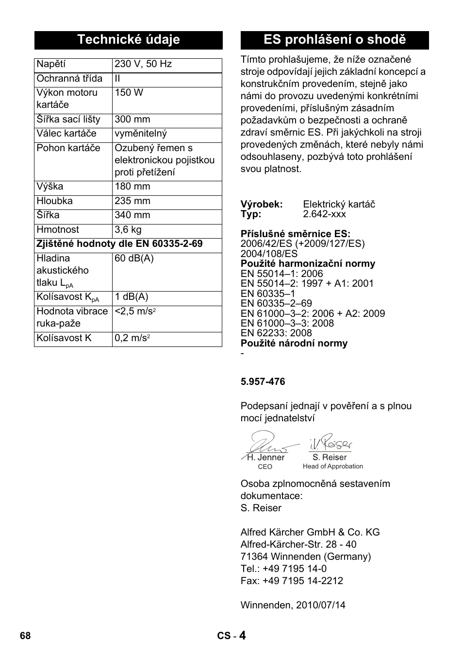 Technické údaje, Es prohlášení o shodě | Karcher T 15-1 + ESB 34 User Manual | Page 68 / 116