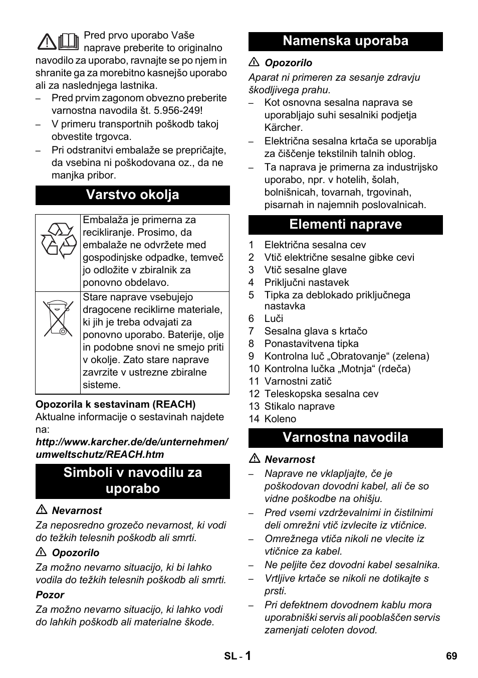 Varstvo okolja | Karcher T 15-1 + ESB 34 User Manual | Page 69 / 116