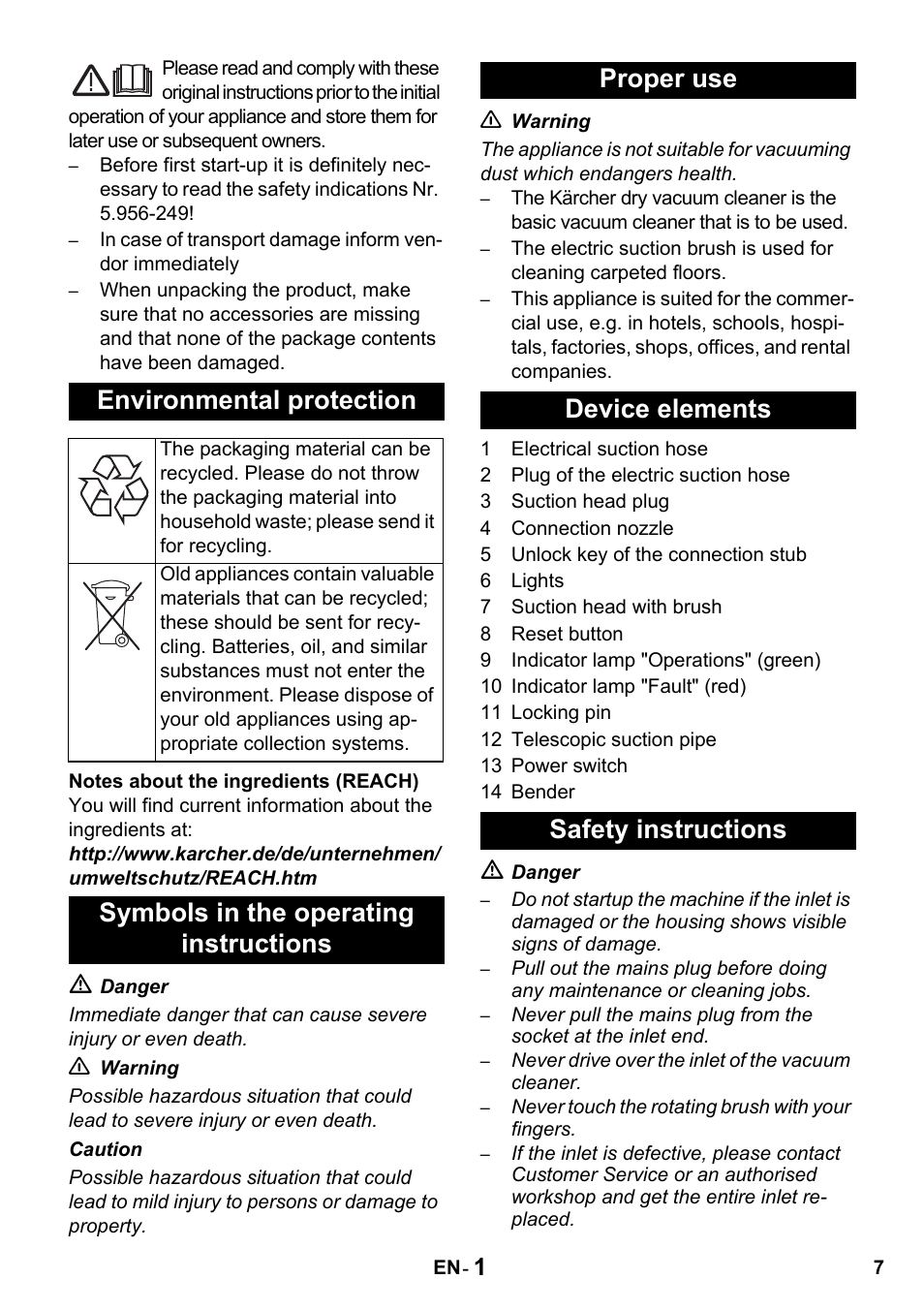 Environmental protection | Karcher T 15-1 + ESB 34 User Manual | Page 7 / 116