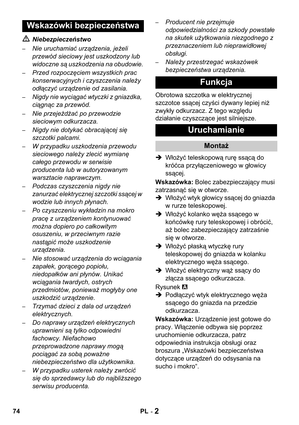 Wskazówki bezpieczeństwa funkcja uruchamianie | Karcher T 15-1 + ESB 34 User Manual | Page 74 / 116