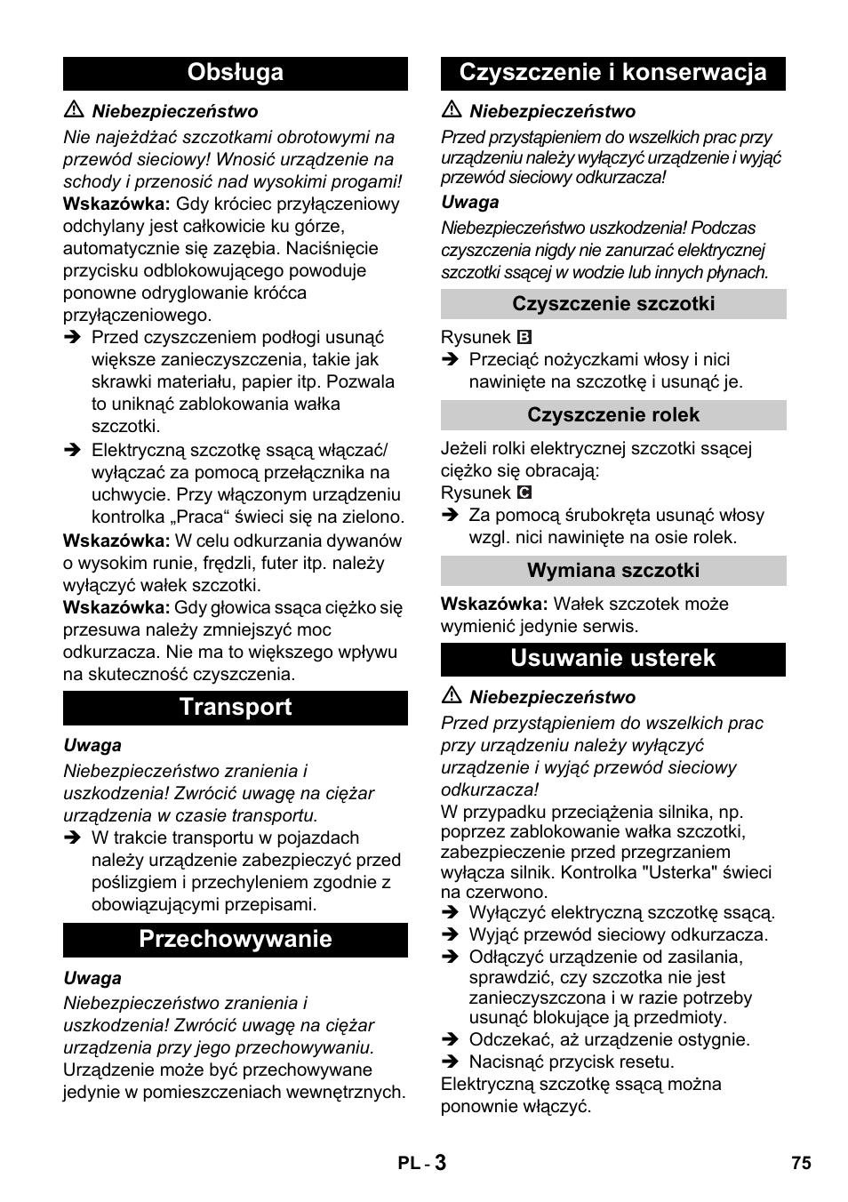 Usuwanie usterek | Karcher T 15-1 + ESB 34 User Manual | Page 75 / 116