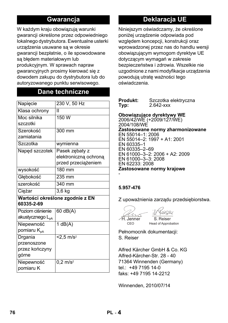 Gwarancja dane techniczne, Deklaracja ue | Karcher T 15-1 + ESB 34 User Manual | Page 76 / 116
