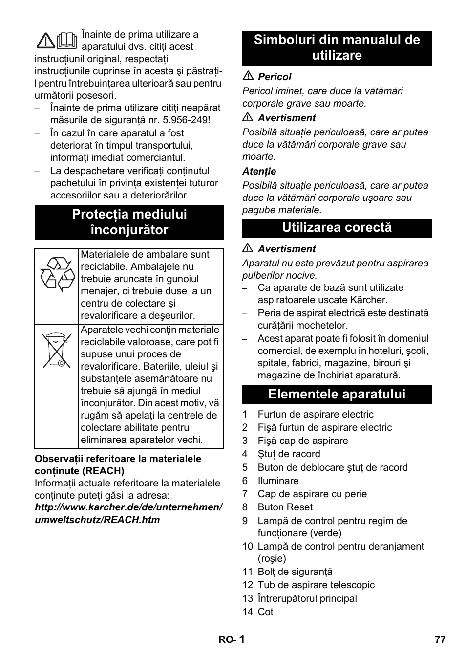 Protecţia mediului înconjurător | Karcher T 15-1 + ESB 34 User Manual | Page 77 / 116