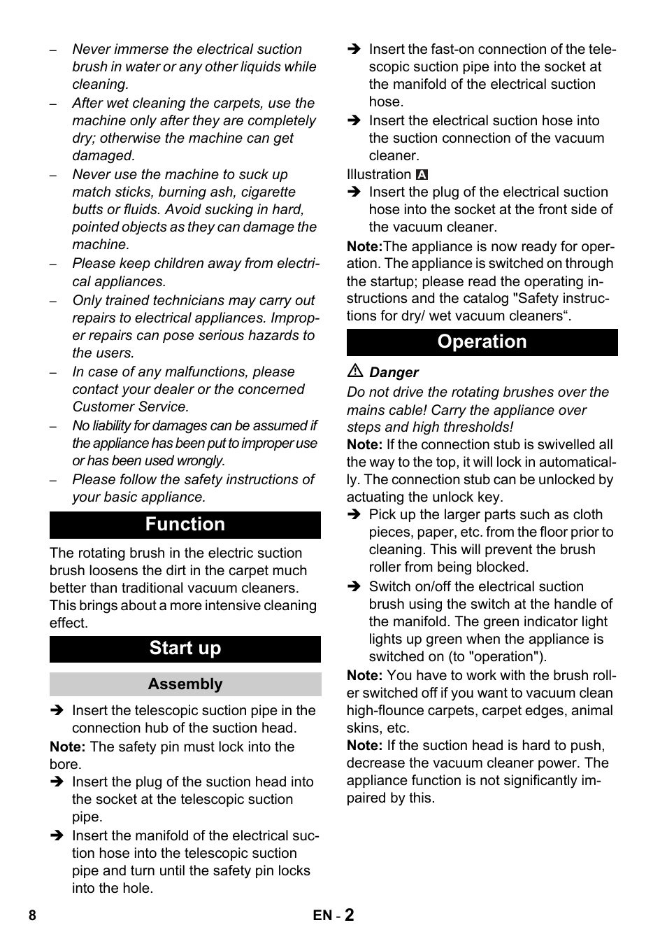Function start up, Operation | Karcher T 15-1 + ESB 34 User Manual | Page 8 / 116