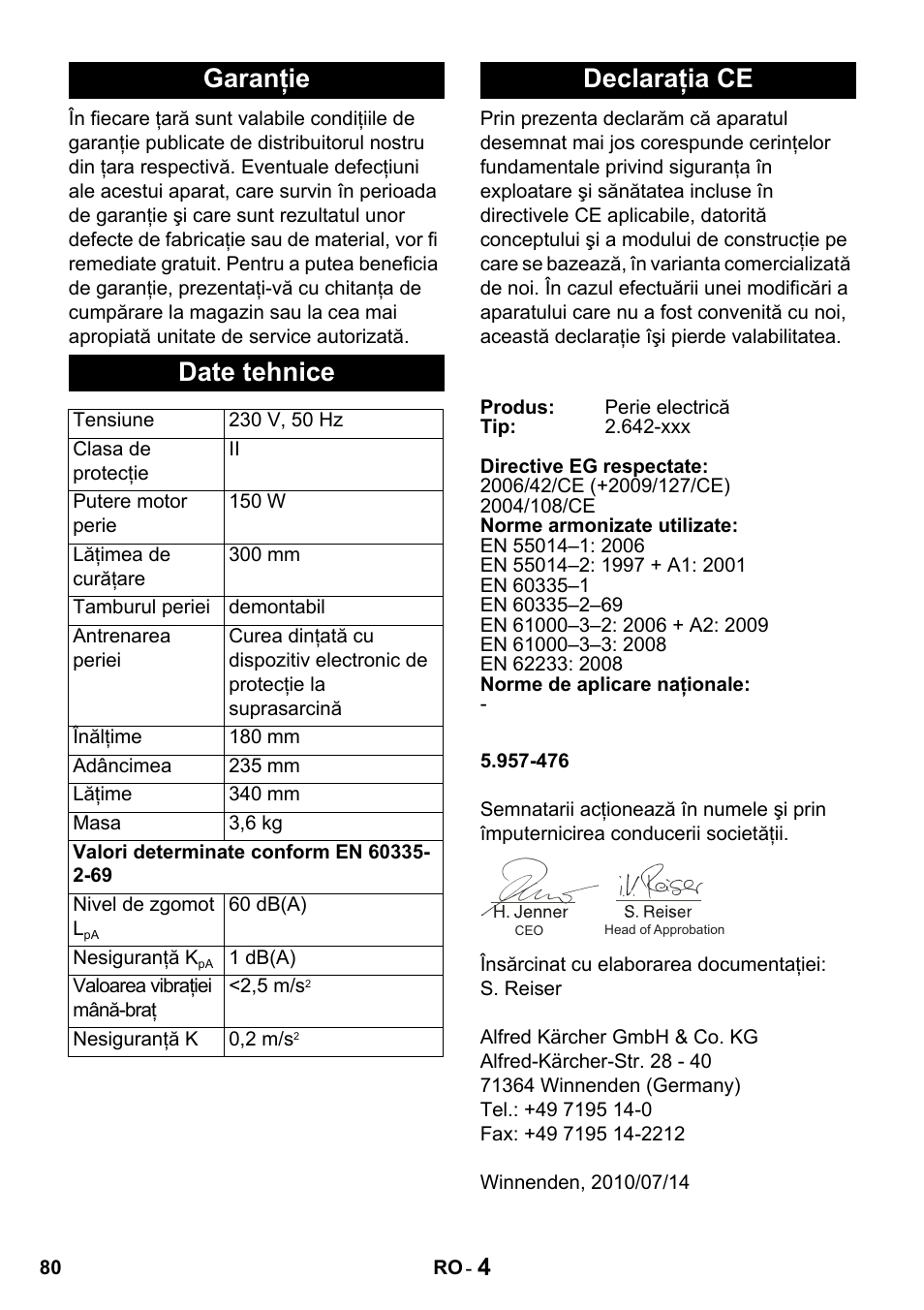 Garanţie date tehnice, Declaraţia ce | Karcher T 15-1 + ESB 34 User Manual | Page 80 / 116