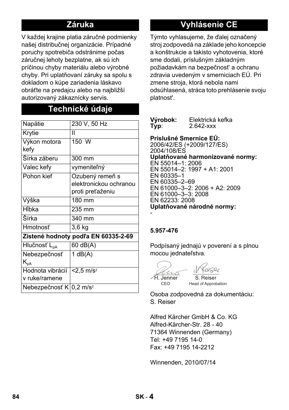 Záruka technické údaje, Vyhlásenie ce | Karcher T 15-1 + ESB 34 User Manual | Page 84 / 116
