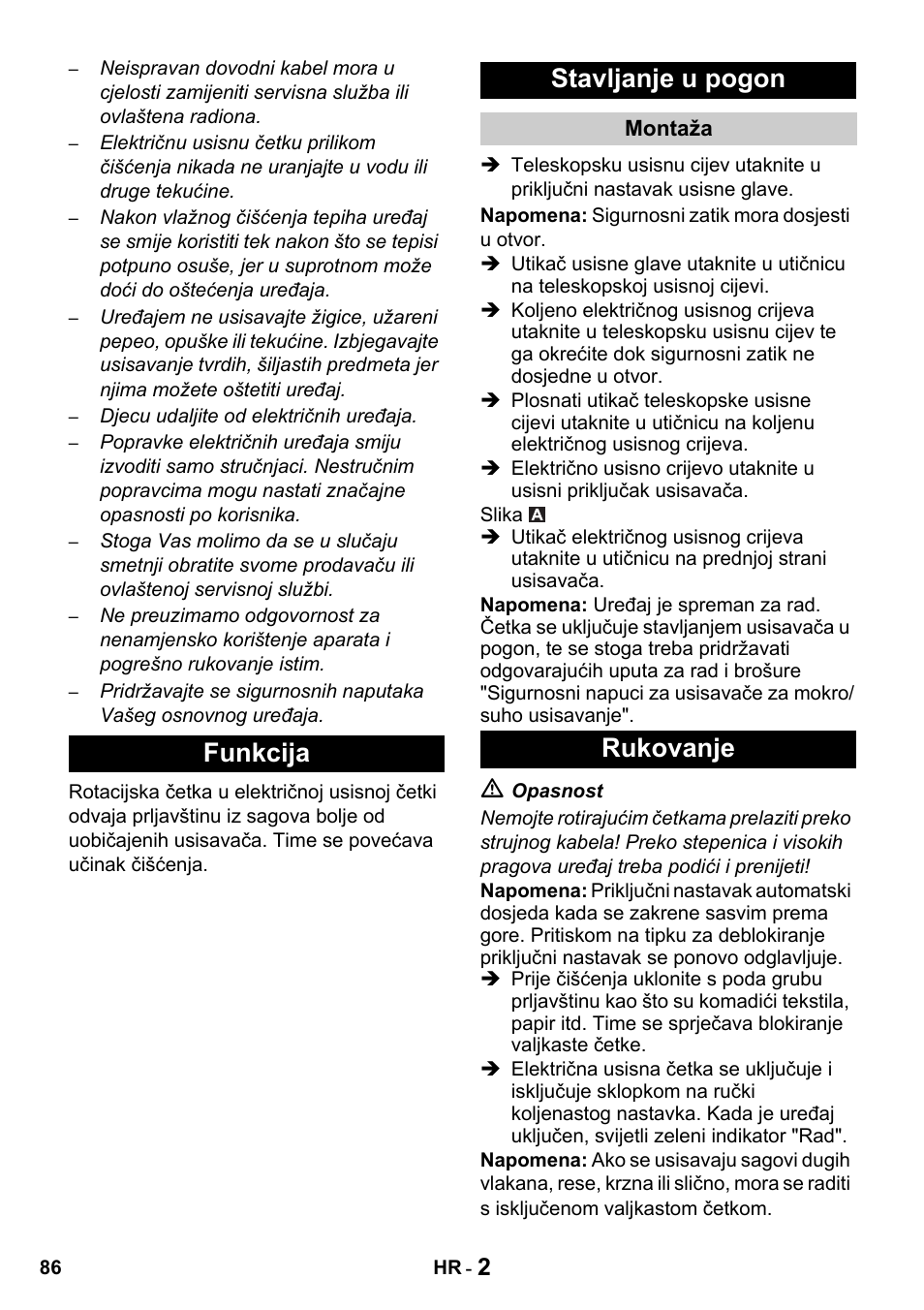 Funkcija stavljanje u pogon, Rukovanje | Karcher T 15-1 + ESB 34 User Manual | Page 86 / 116