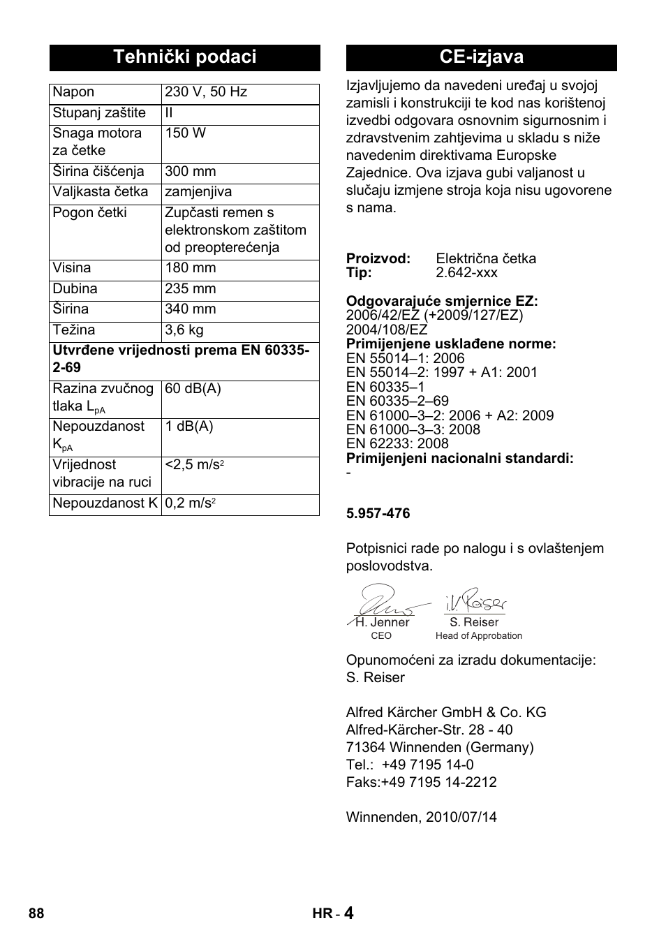 Tehnički podaci, Ce-izjava | Karcher T 15-1 + ESB 34 User Manual | Page 88 / 116