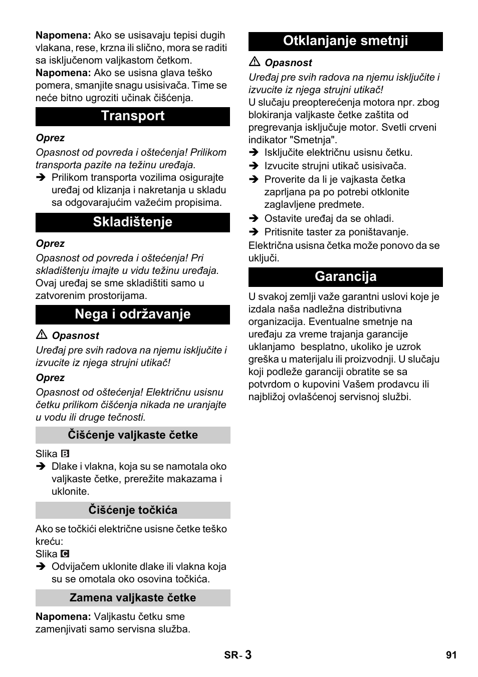 Transport skladištenje nega i održavanje, Otklanjanje smetnji garancija | Karcher T 15-1 + ESB 34 User Manual | Page 91 / 116