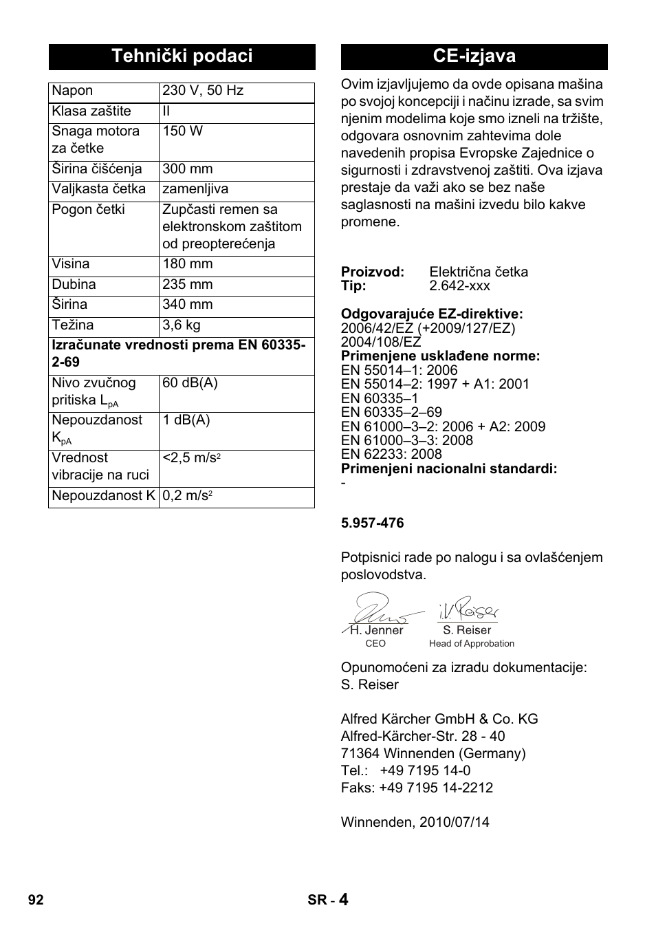 Tehnički podaci, Ce-izjava | Karcher T 15-1 + ESB 34 User Manual | Page 92 / 116