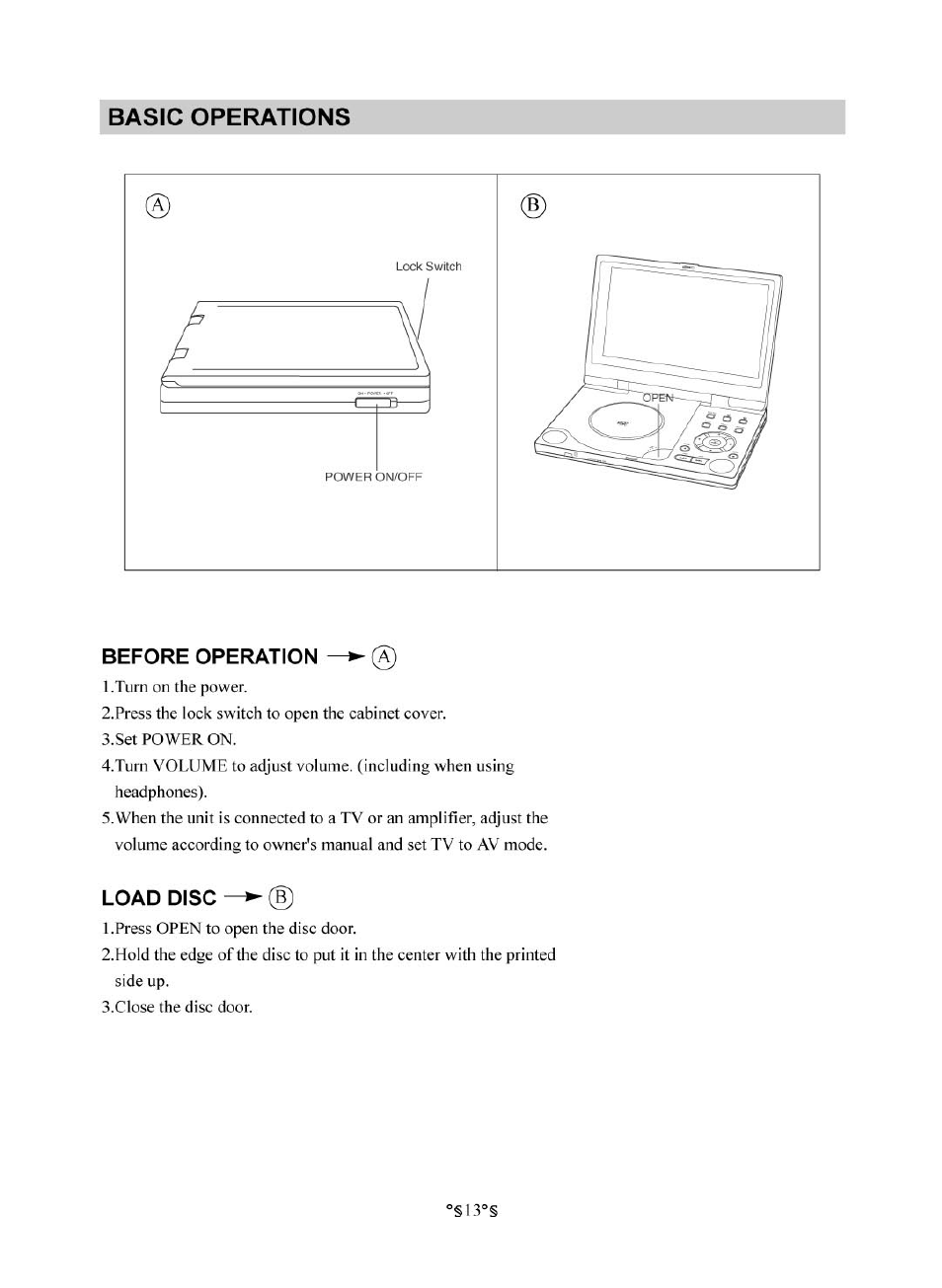 Before operation —► (a), Load disc, B efo r e o per a tio n | Lo a d d isc, Basic operations, Before operation | Audiovox D1830 User Manual | Page 14 / 39