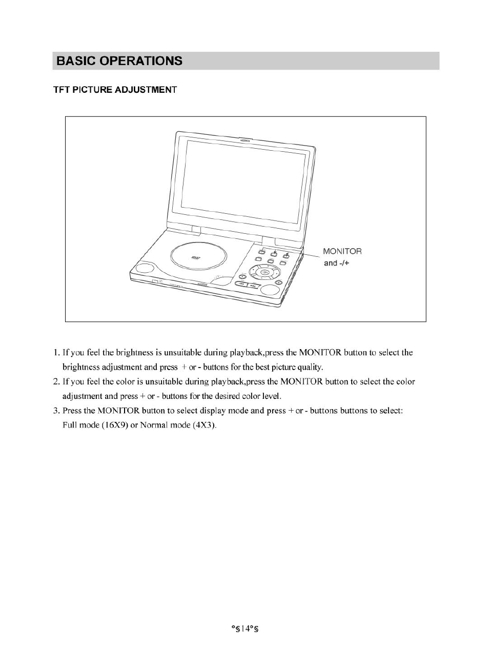 Tft picture adjustment, Tft pic tu r e a d ju stm en t, Basic operations | Audiovox D1830 User Manual | Page 15 / 39