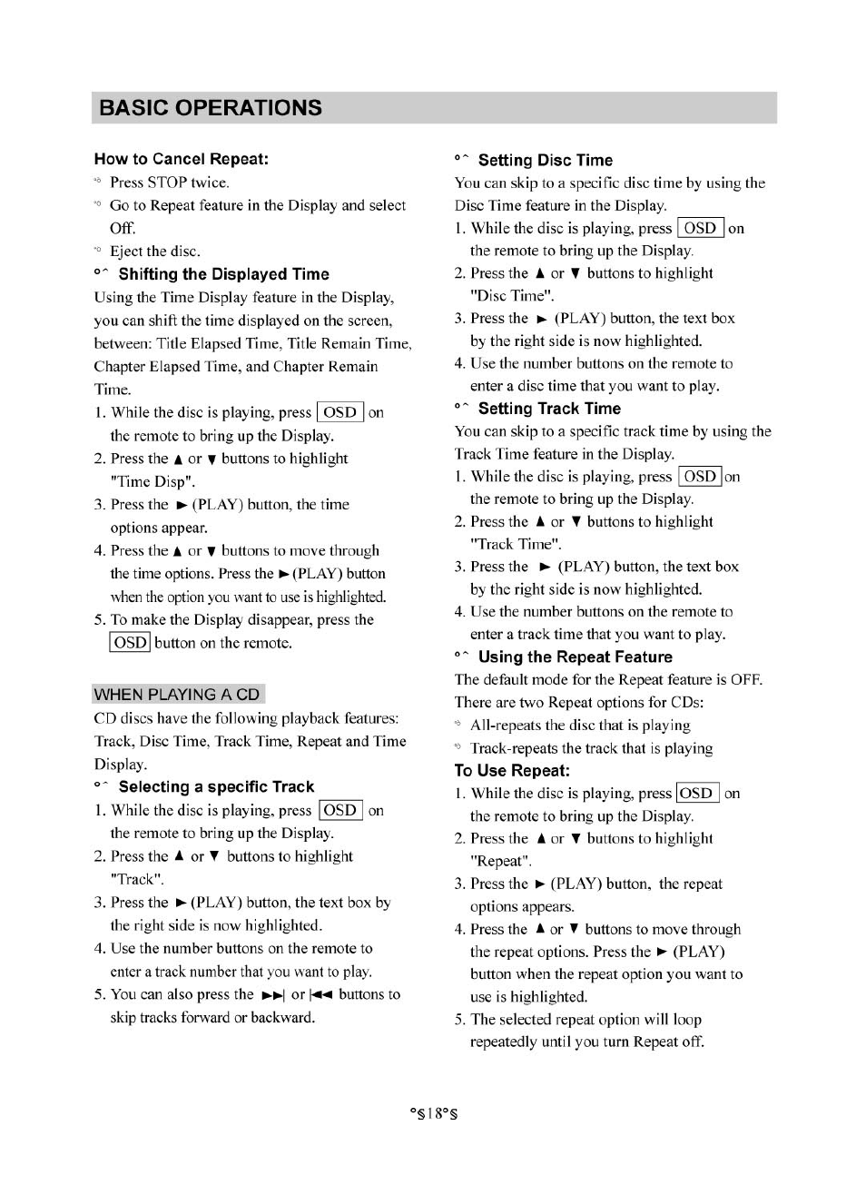 How to cancel repeat, Shifting the displayed time, When playing a cd | Selecting a specific track, Setting disc time, Setting track time, Basic operations | Audiovox D1830 User Manual | Page 19 / 39