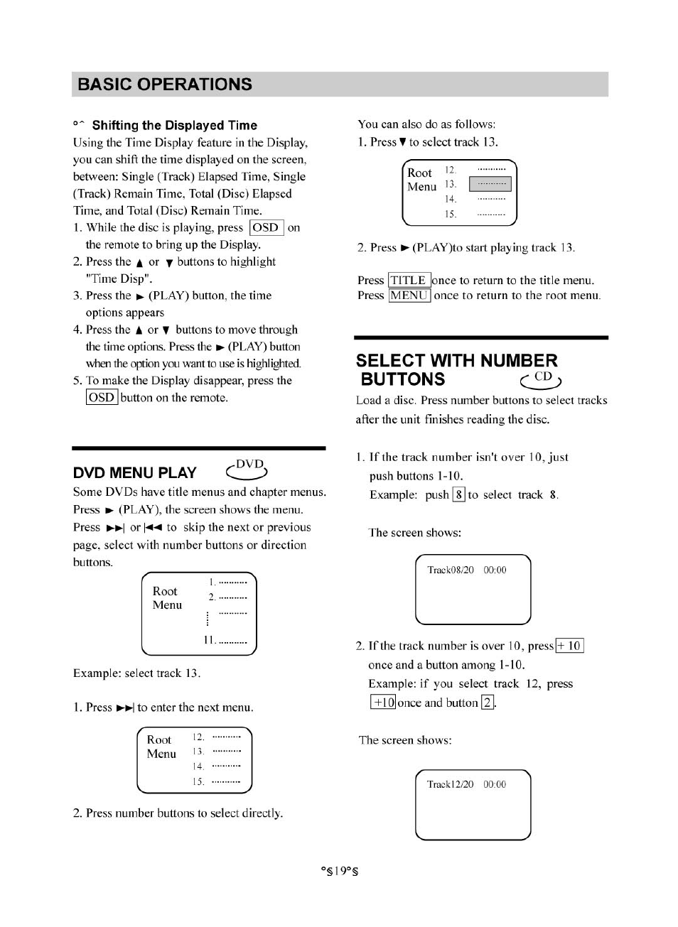 Shifting the displayed time, Select with number buttons, Dvd menu play | D vd m en u pla y, Selec t w ith n u m b er b u tto n s, Basic operations | Audiovox D1830 User Manual | Page 20 / 39