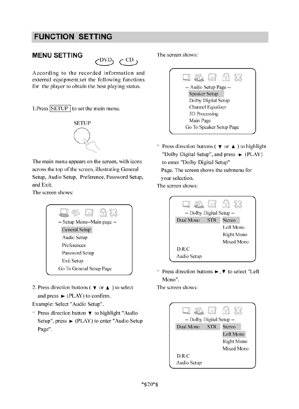 Menu setting, M en u settin g -25, Function setting | Audiovox D1830 User Manual | Page 21 / 39