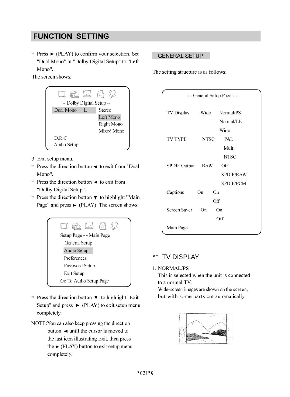 General setup, Function setting, Tv display | Audiovox D1830 User Manual | Page 22 / 39