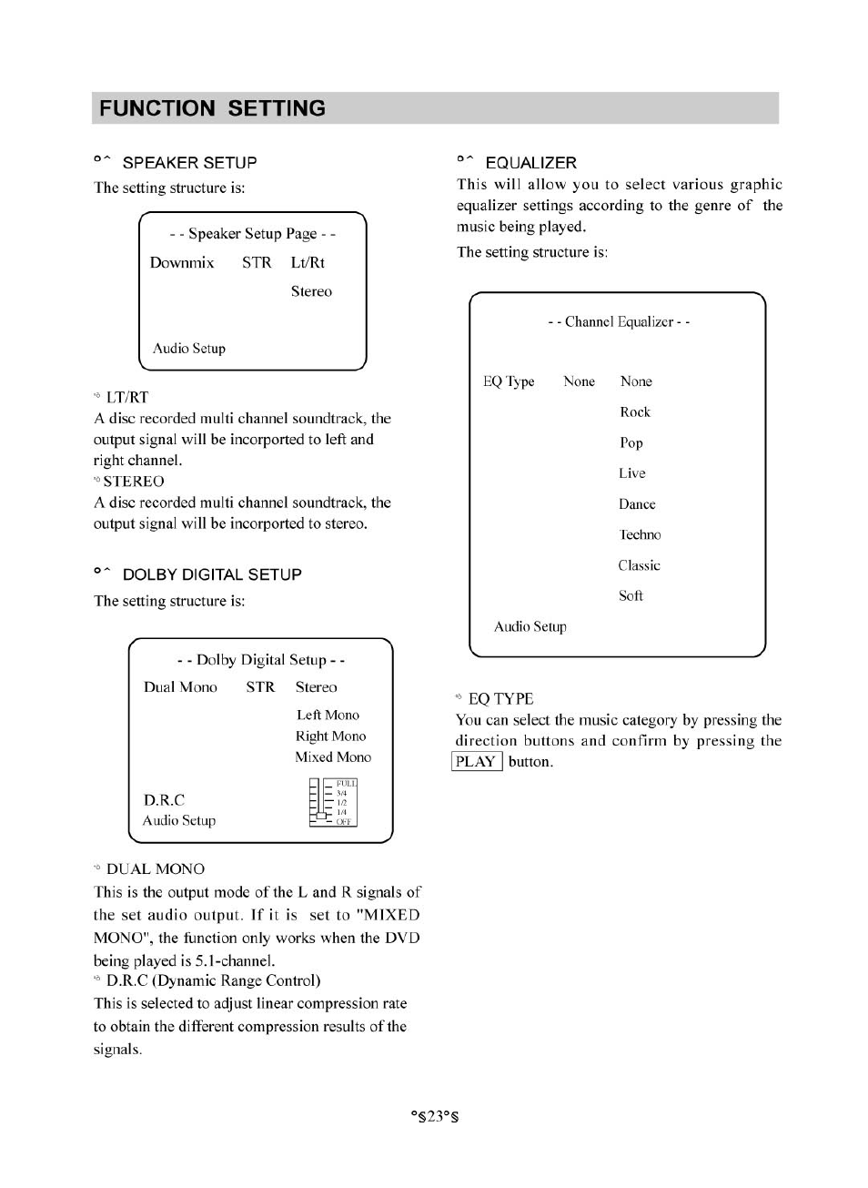 Dolby digital setup, Equalizer, Function setting | Audiovox D1830 User Manual | Page 24 / 39