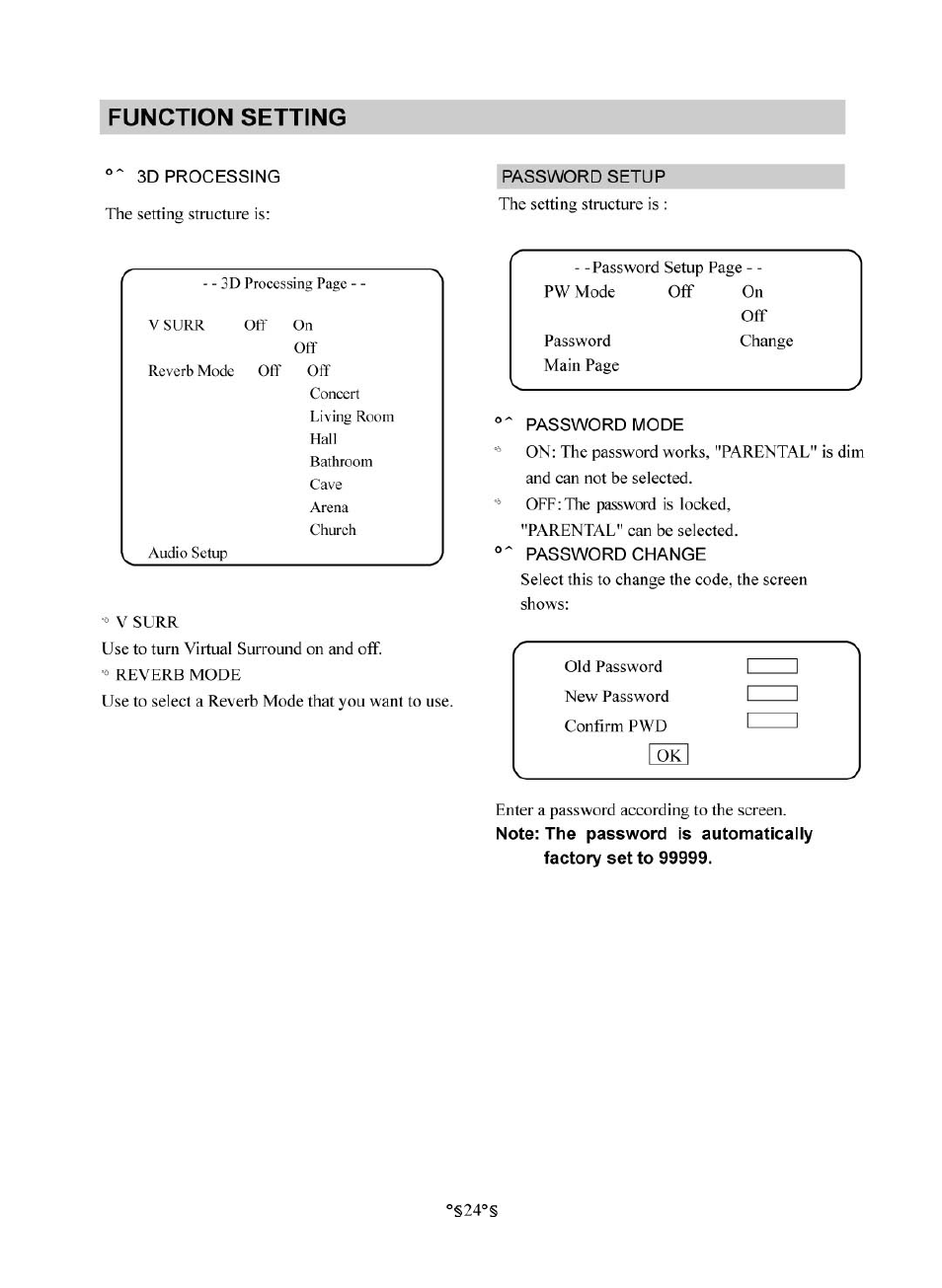 3d processing, Password mode, Function setting | Audiovox D1830 User Manual | Page 25 / 39