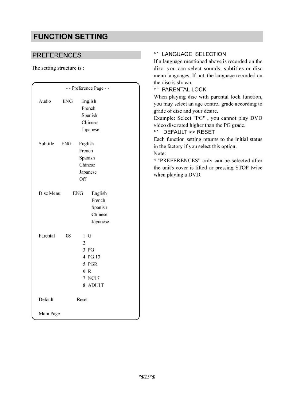 Preferences, Language selection, Parental lock | Function setting | Audiovox D1830 User Manual | Page 26 / 39