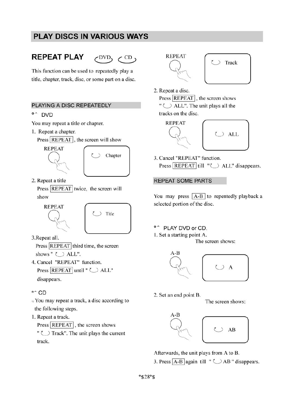 Repeat play, R epea t pla y, Play discs in various ways | Audiovox D1830 User Manual | Page 29 / 39