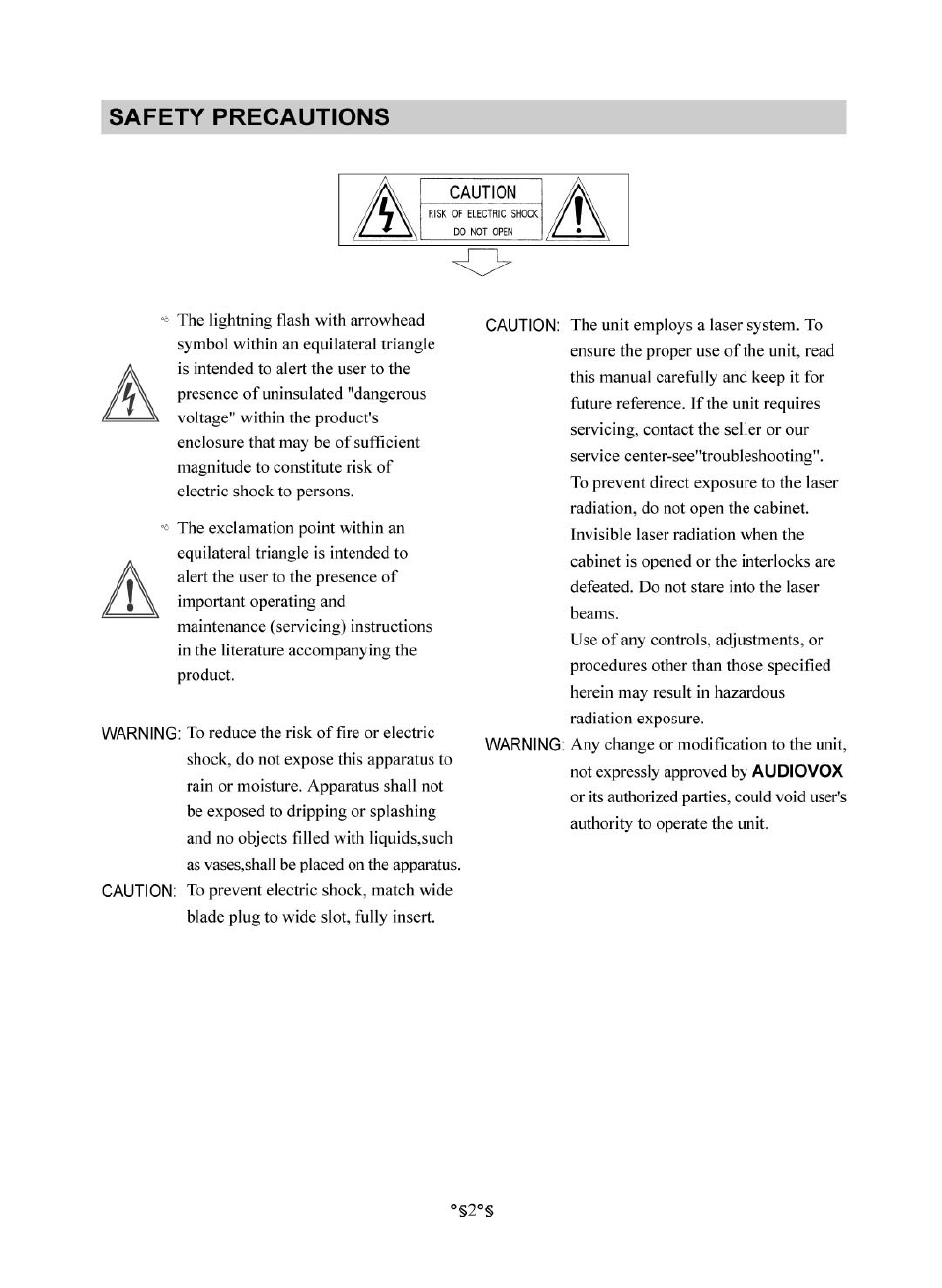 Safety precautions | Audiovox D1830 User Manual | Page 3 / 39