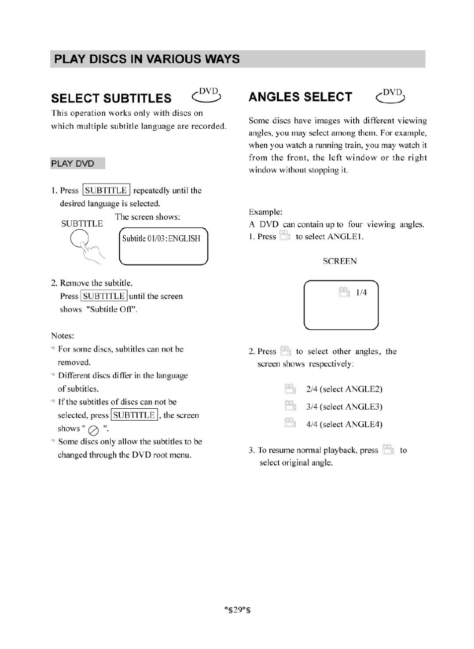 Select subtitles, Play dvd, Angles select | Selec t su b titles, Play discs in various ways | Audiovox D1830 User Manual | Page 30 / 39
