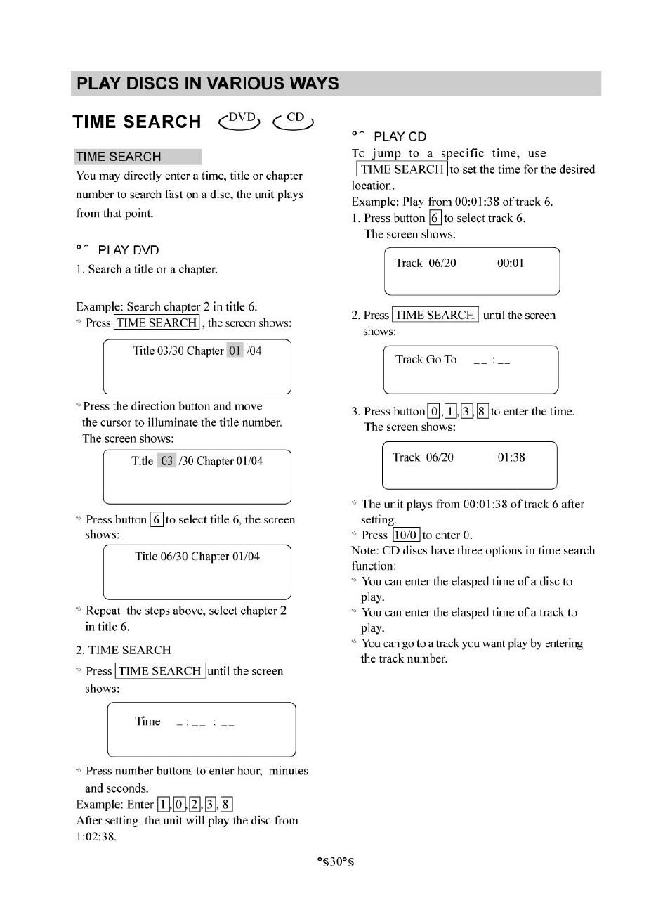 Time search, Play cd, Tim e sea r c h | Play discs in various ways | Audiovox D1830 User Manual | Page 31 / 39