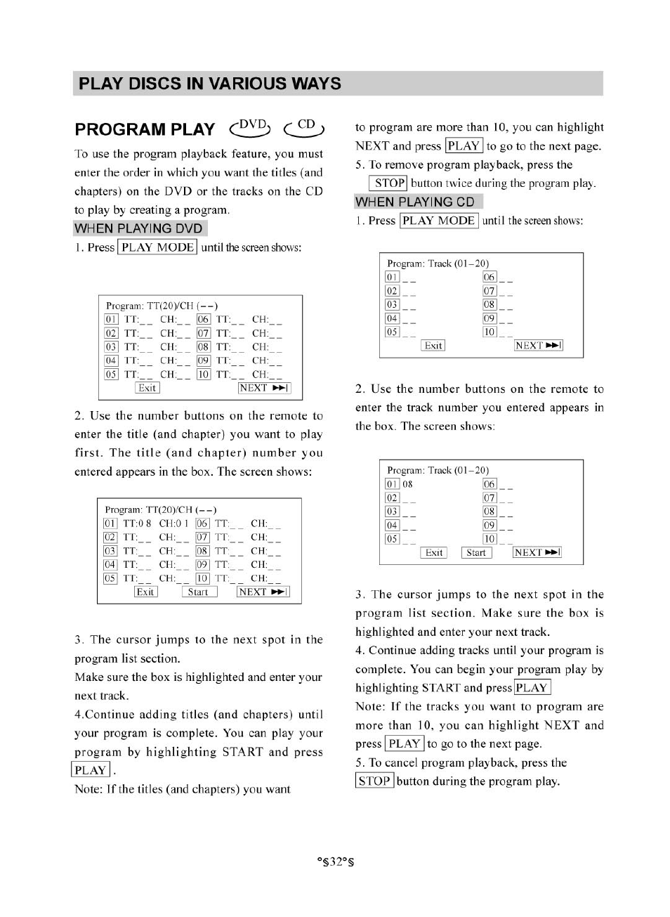 Program play, When playing dvd, When playing cd | Pr o g r a m pla y, Play discs in various ways | Audiovox D1830 User Manual | Page 33 / 39