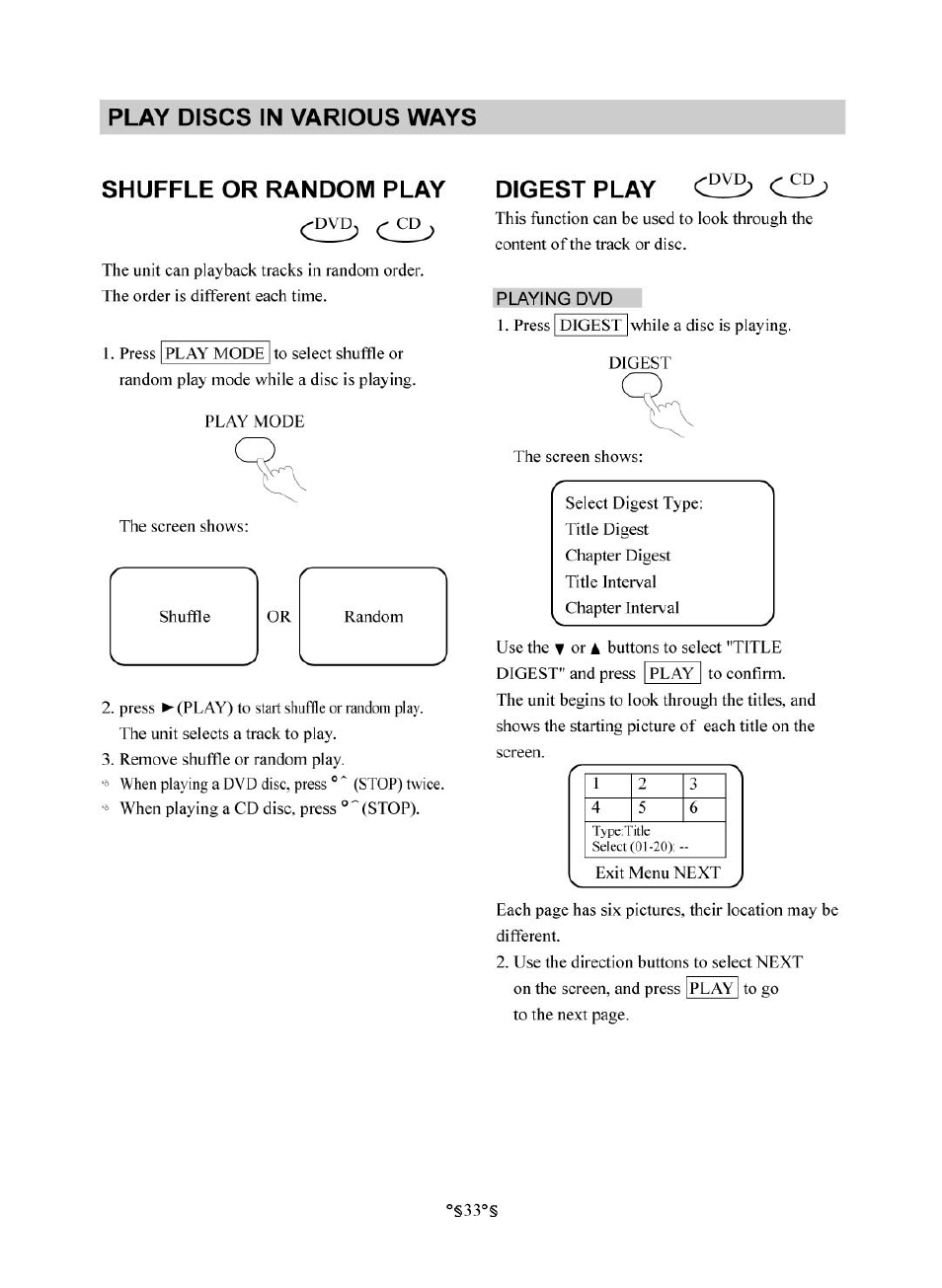Shuffle or random play, Digest play, Sh u ffle o r r a n d o m pla y | D ig est pla y, Play discs in various ways | Audiovox D1830 User Manual | Page 34 / 39