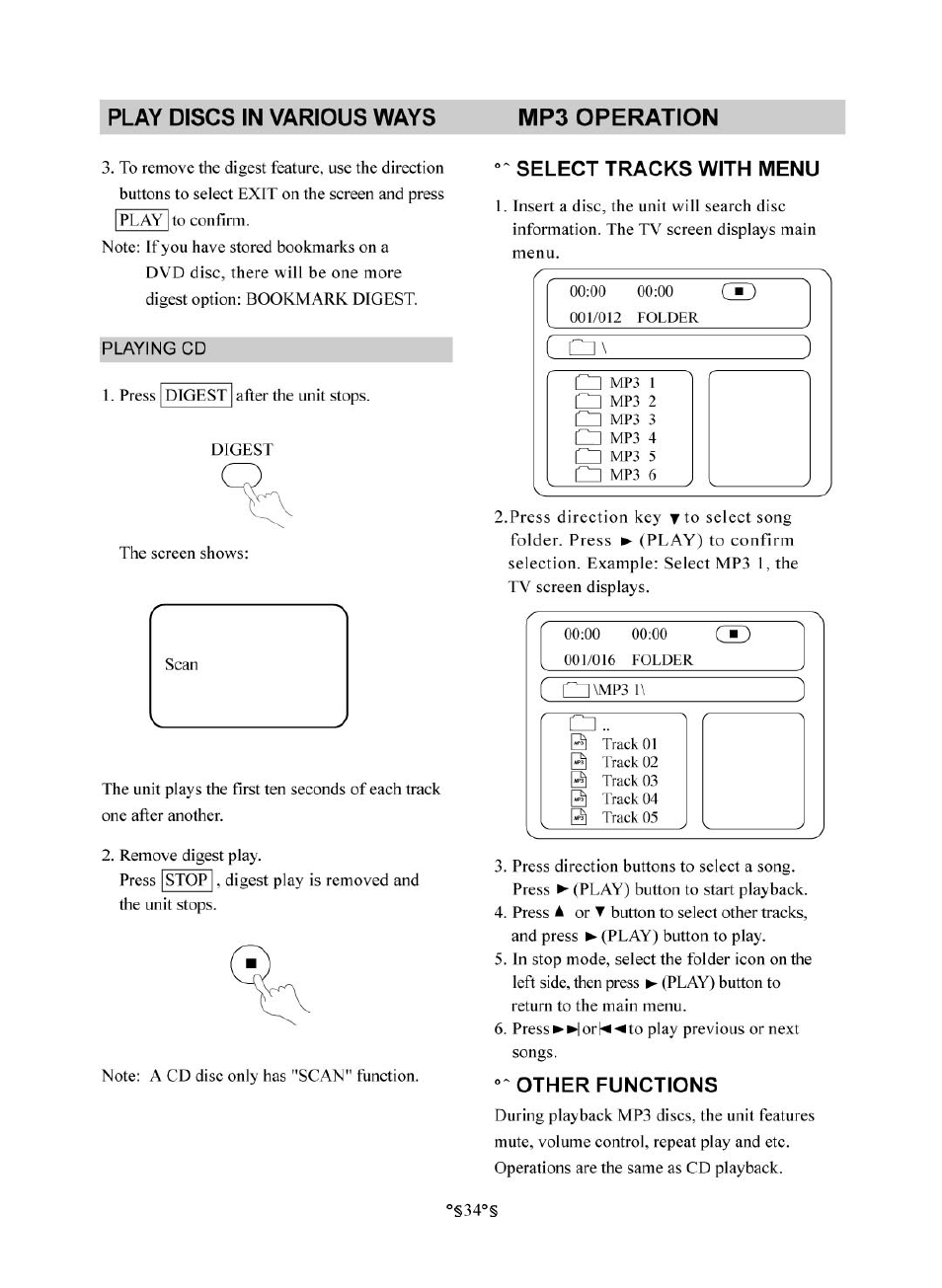 Playing cd, Select tracks with menu, Other functions | Play discs in various ways mp3 operation | Audiovox D1830 User Manual | Page 35 / 39